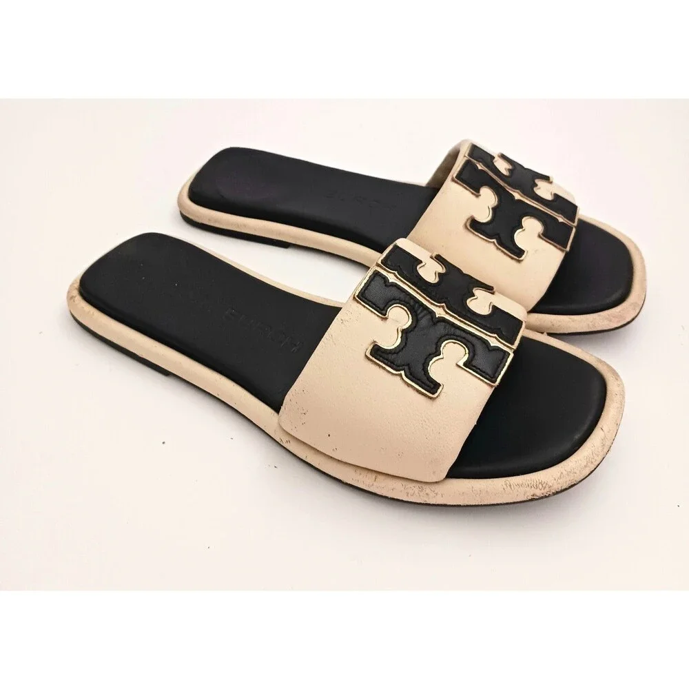 Tory Burch Double T Logo Sport Slide Cream/ Black Leather Wide Straps 7.5M